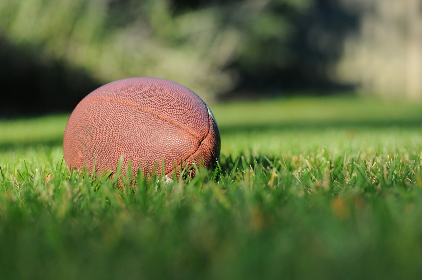 Un pallone da football americano marrone su erba verde all'aperto.
